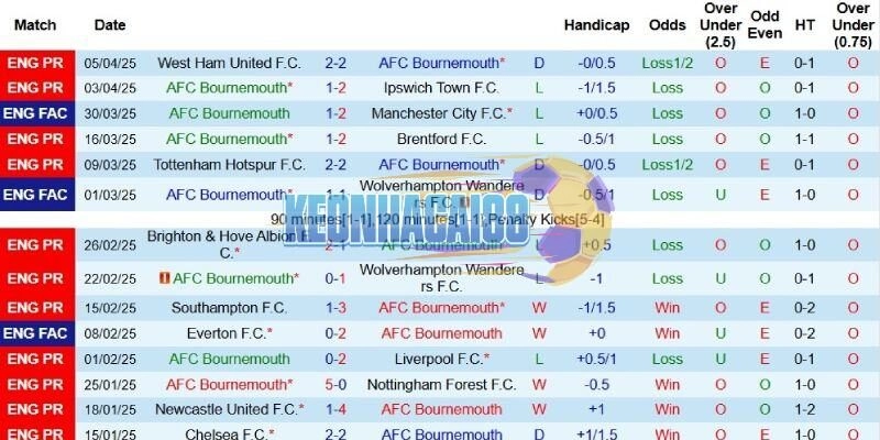 Thành tích gần đây của Bournemouth