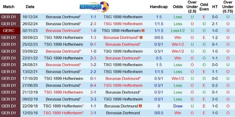 Quá khứ đối đầu giữa Hoffenheim và Dortmund