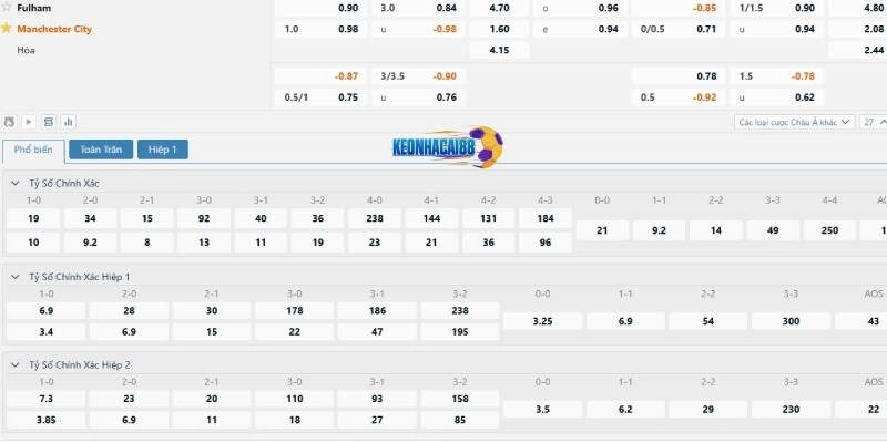 Tỷ lệ kèo trận Fulham vs Man City