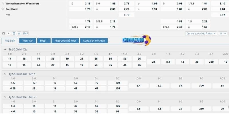 Tỷ lệ kèo trận Wolves vs Brentford